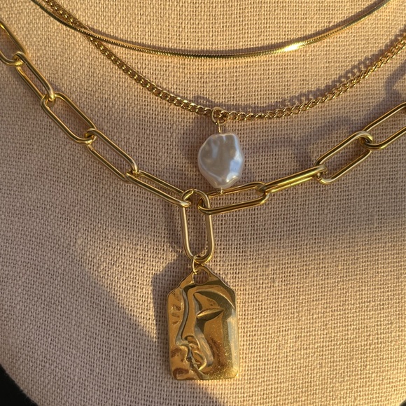 Gold Layered Necklace with Pearl Pendant - Picture 2 of 7